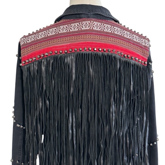 GUESS Black Denim Jean Jacket Leather Fringe Studded Size M Western Concert Stud - Picture 5 of 10